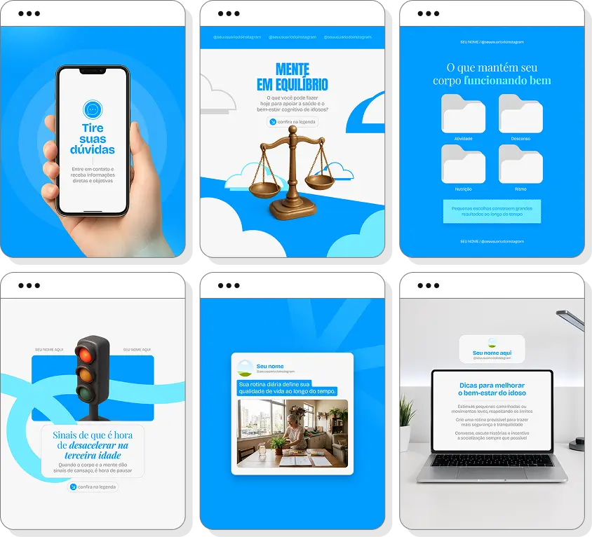 Pack social media cuidador de idosos com conteúdos para Instagram de saúde e qualidade de vida