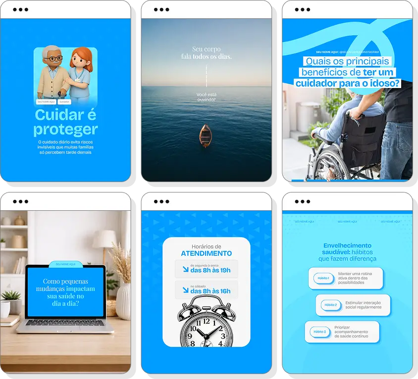 Pack de posts editáveis cuidador de idosos com foco em bem-estar, atenção e cuidados diários