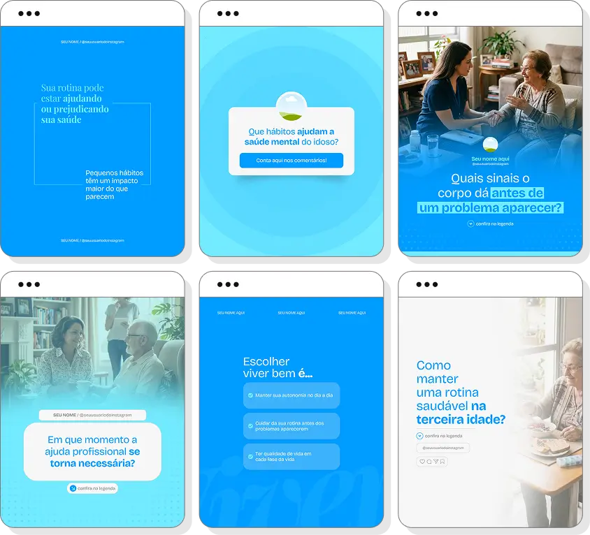 Pack Canva cuidador de idosos com ideias de posts para perfil de Instagram sobre terceira idade