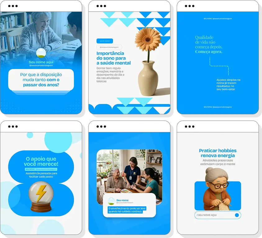 Pack de posts para Instagram cuidador de idosos com artes editáveis sobre bem-estar e cuidado humanizado