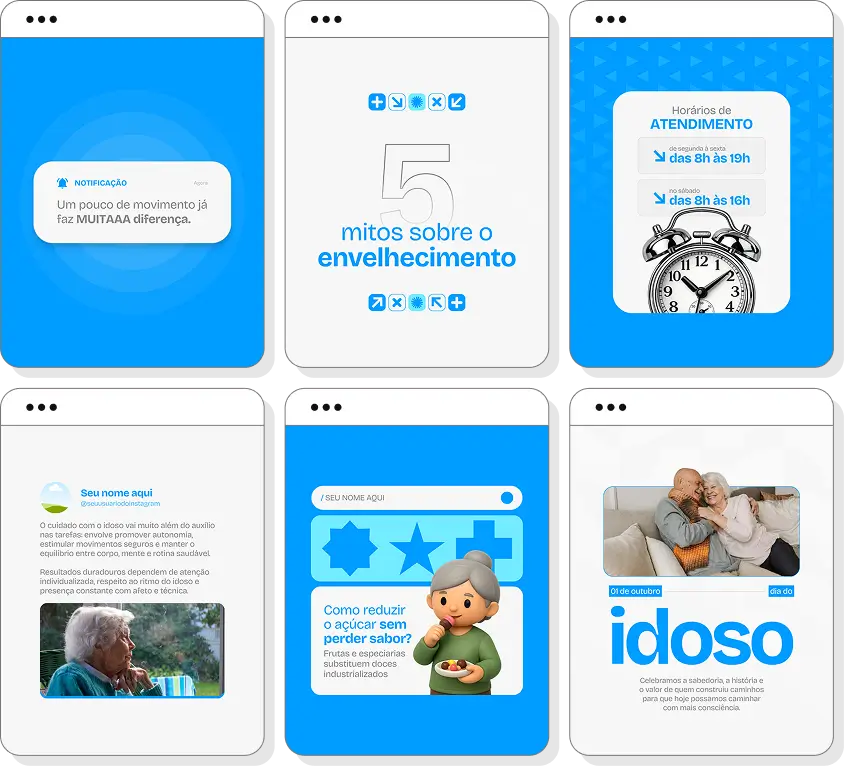 Pack Canva cuidador de idosos com posts para Instagram de cuidados diários e acompanhamento do idoso