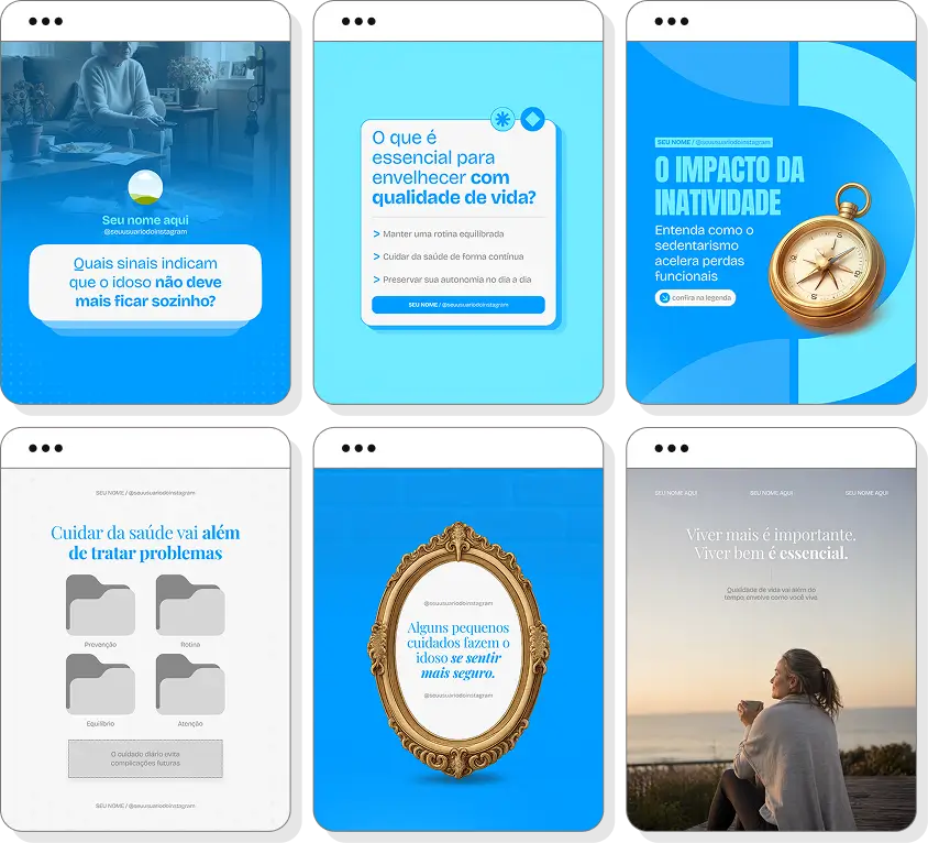 Posts para perfil de cuidador de idosos no Instagram com templates Canva sobre cuidados e atenção