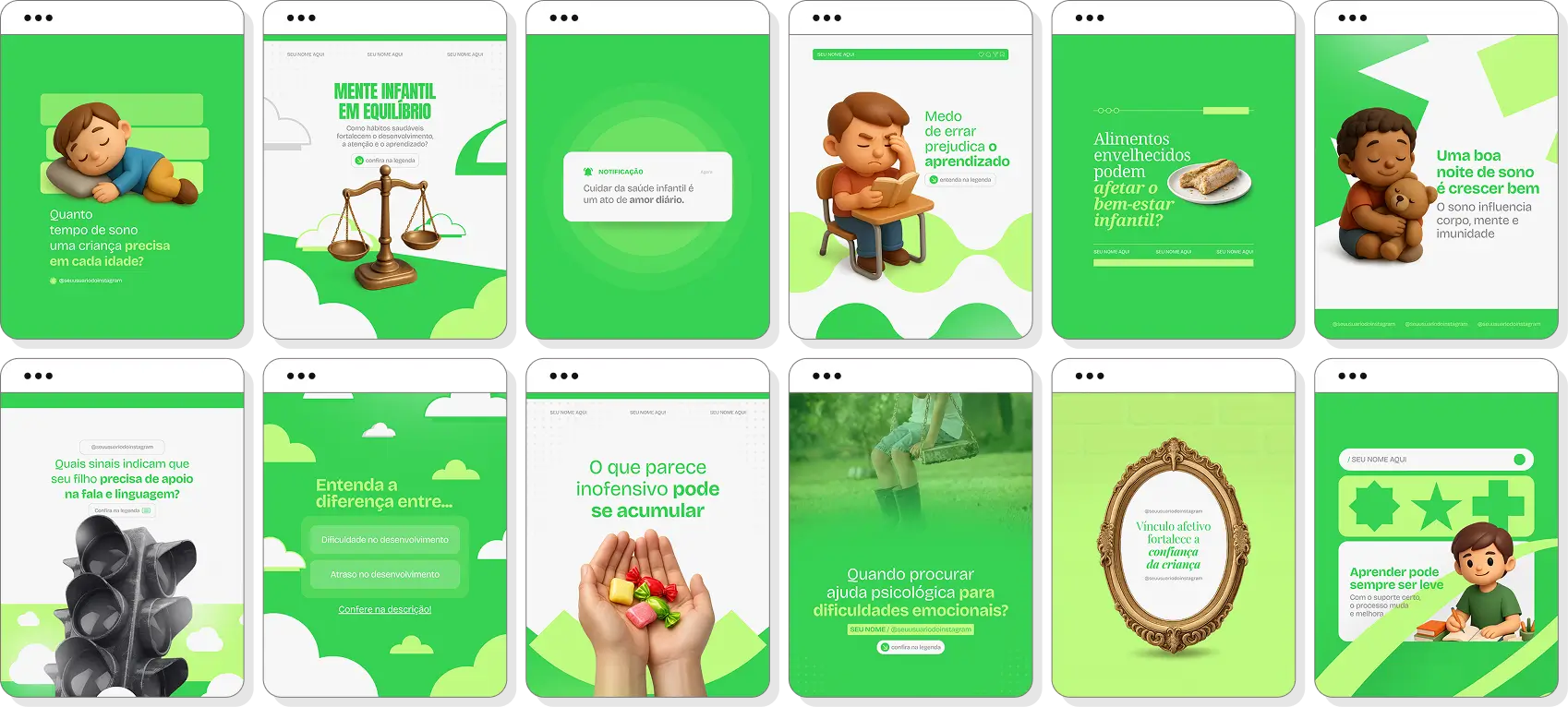 Social media para desenvolvimento infantil com pack de posts editáveis no Canva para Instagram profissional