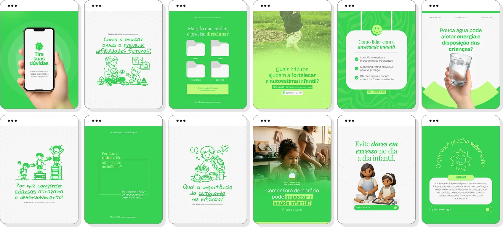 Pack de posts editáveis desenvolvimento infantil com Instagram de aprendizagem e crescimento infantil