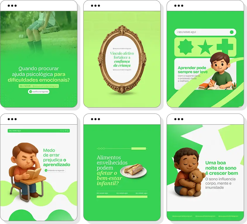 Pack de posts para desenvolvimento infantil com templates no Canva para Instagram sobre infância e aprendizagem