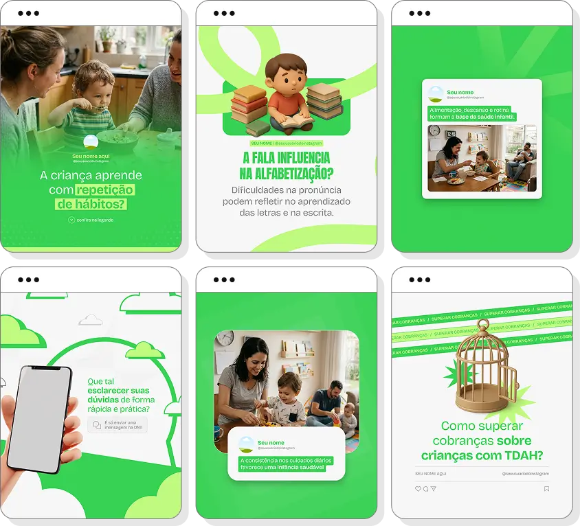 Posts para perfil de desenvolvimento infantil no Instagram com templates Canva sobre infância e aprendizagem