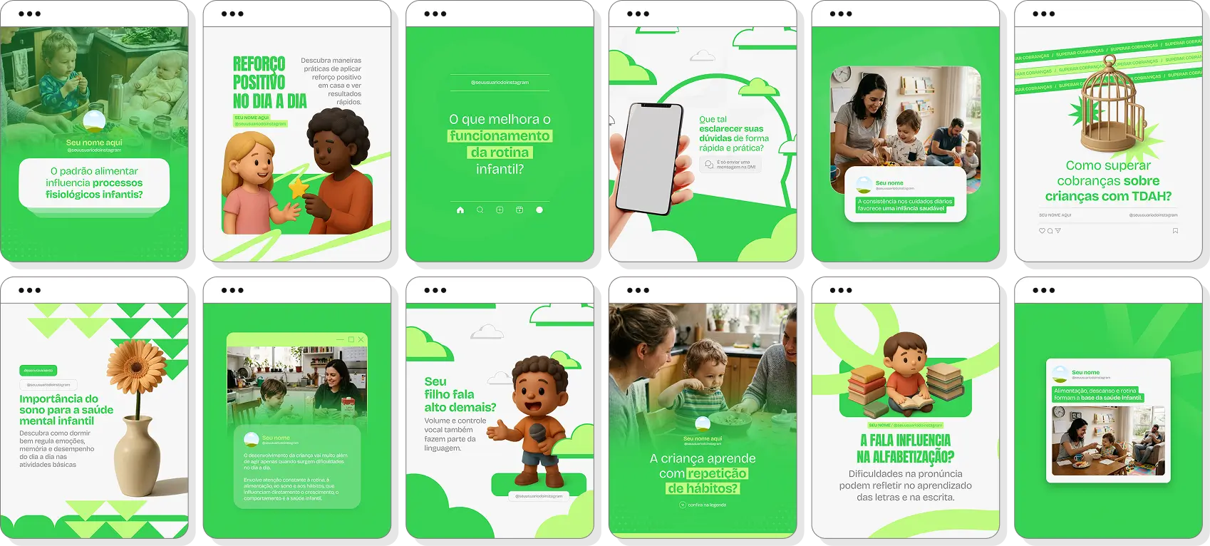 Pack Canva desenvolvimento infantil com posts para Instagram de desenvolvimento e estímulos infantis