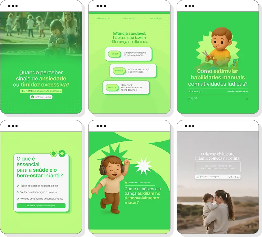 Pack de posts editáveis desenvolvimento infantil com foco em aprendizagem e desenvolvimento das crianças