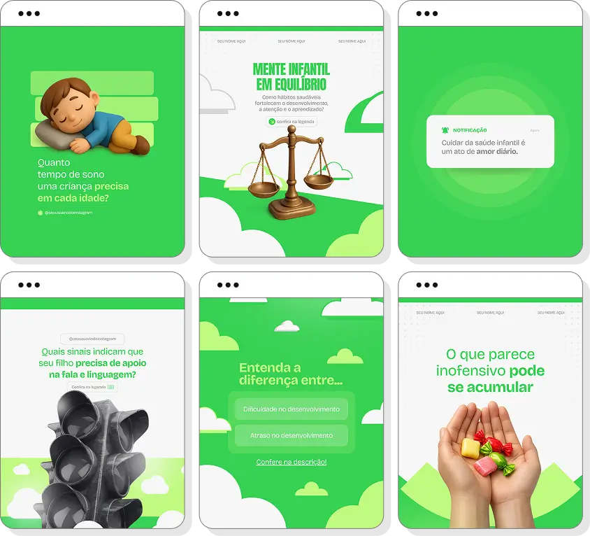 Pack Canva desenvolvimento infantil com ideias de posts para perfil de Instagram sobre desenvolvimento infantil