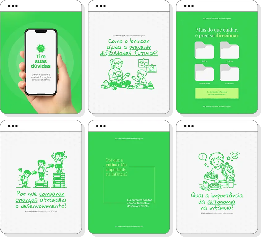 Pack Canva desenvolvimento infantil com posts para Instagram de habilidades e desenvolvimento infantil