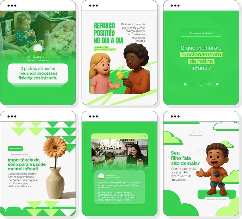 Ideias de post para desenvolvimento infantil com pack de conteúdo para Instagram sobre infância saudável