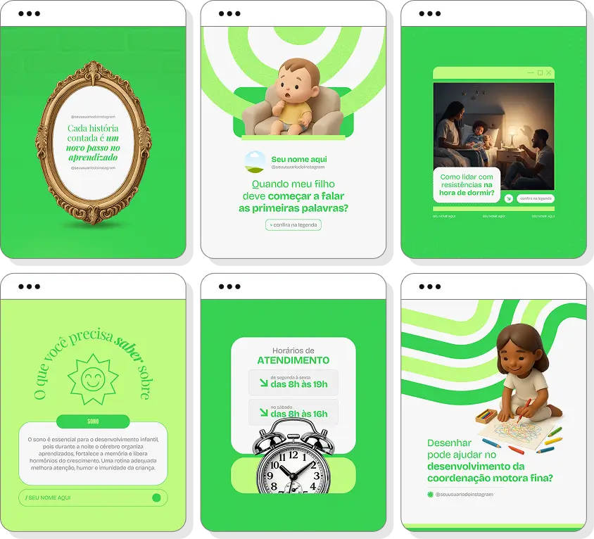 Pack de posts para Instagram desenvolvimento infantil com artes editáveis sobre crescimento infantil