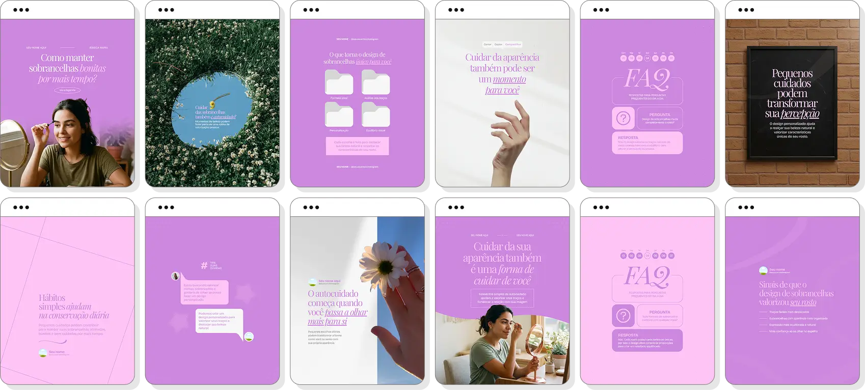 Posts para designer de sobrancelhas com ideias de conteúdo para Instagram sobre sobrancelhas perfeitas e cuidados