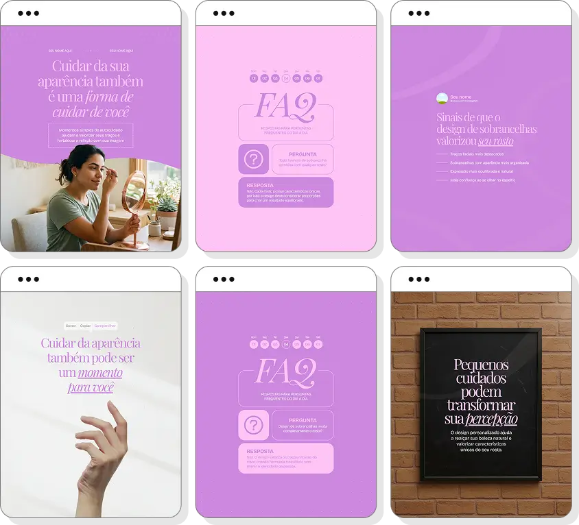 Pack de posts para designer de sobrancelhas com templates no Canva para Instagram sobre sobrancelhas e beleza facial