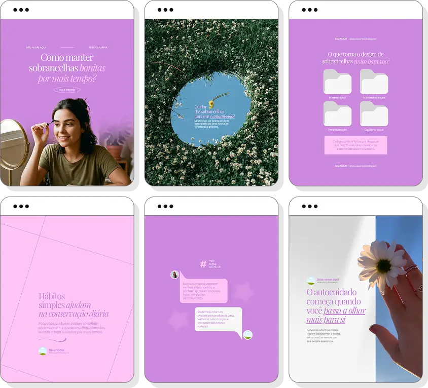 Pack Canva designer de sobrancelhas com posts editáveis para Instagram de design, estética e beleza
