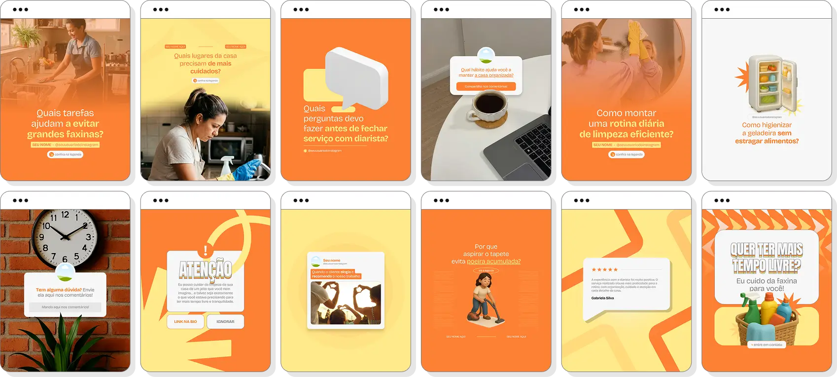 Pack Canva diarista com posts editáveis para Instagram de limpeza residencial e organização da casa