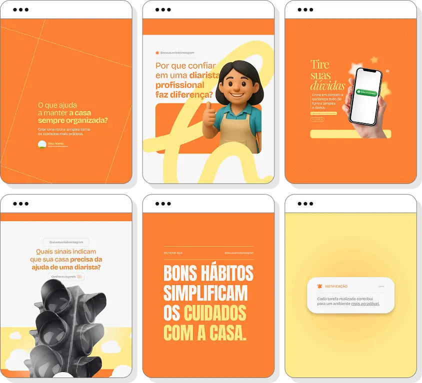 Posts para diarista com ideias de conteúdo para Instagram sobre faxina, limpeza e cuidados com o lar