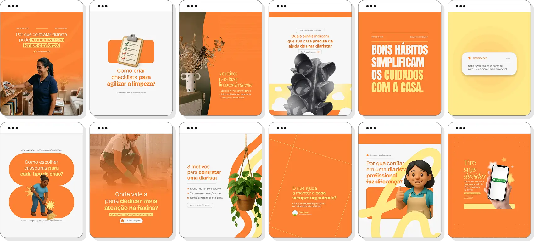 Pack de posts para diarista com templates no Canva para Instagram sobre limpeza, organização e serviços domésticos
