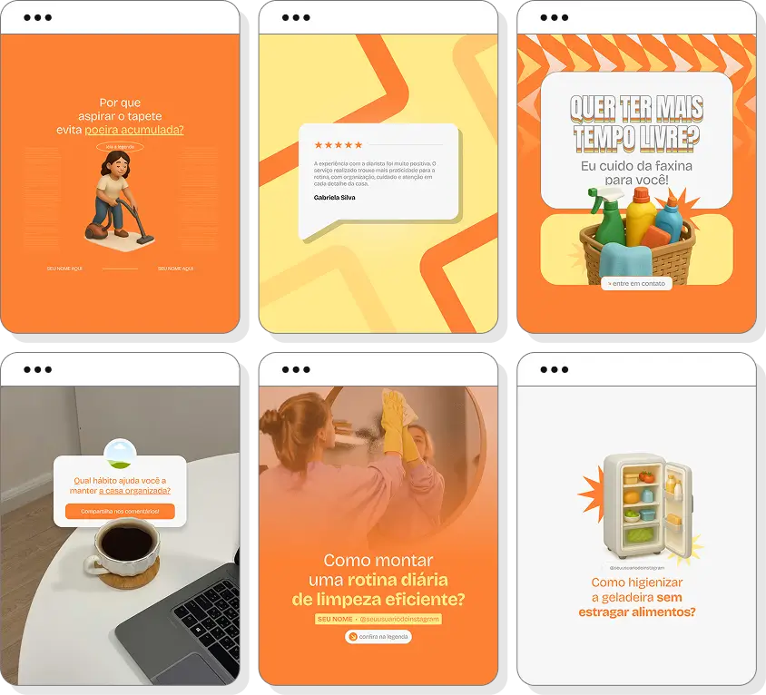 Social media diarista com pack de posts para Instagram de limpeza e serviços para casa