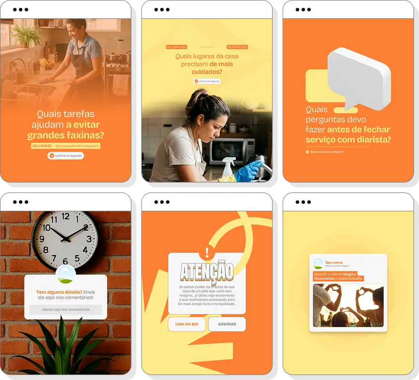 Pack Canva diarista com ideias de posts para perfil de Instagram sobre limpeza e organização