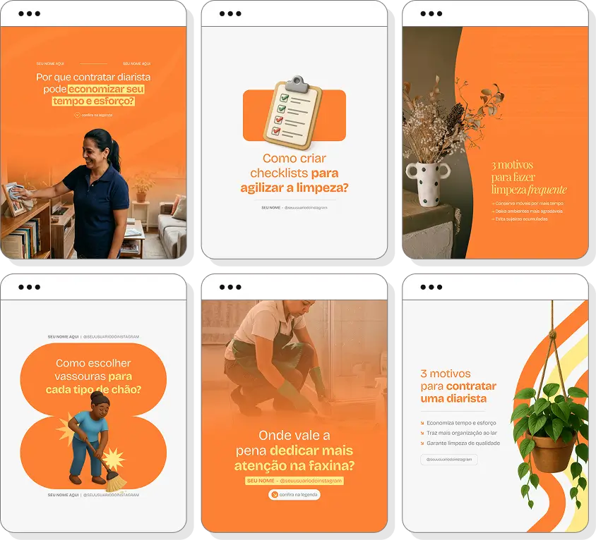 Pack de posts editáveis diarista com foco em limpeza residencial, organização e rotina doméstica