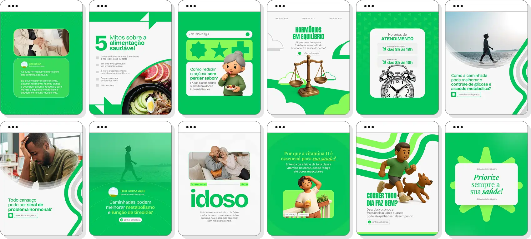 Pack de endocrinologia com conteúdos editáveis para Instagram de metabolismo e qualidade de vida