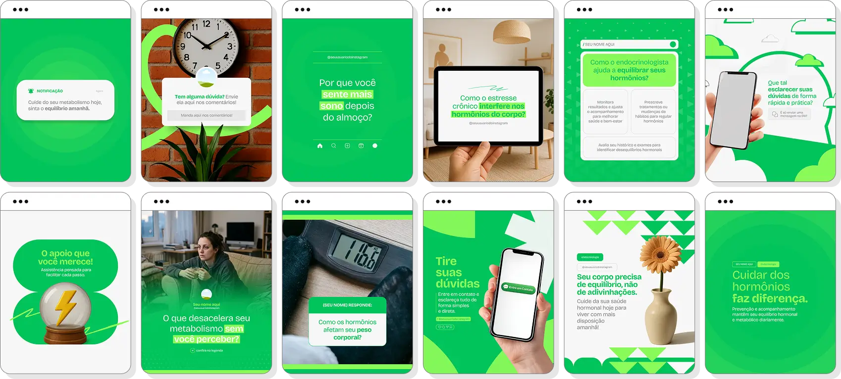 Pack social media endocrinologia com templates para Instagram de hormônios e bem-estar