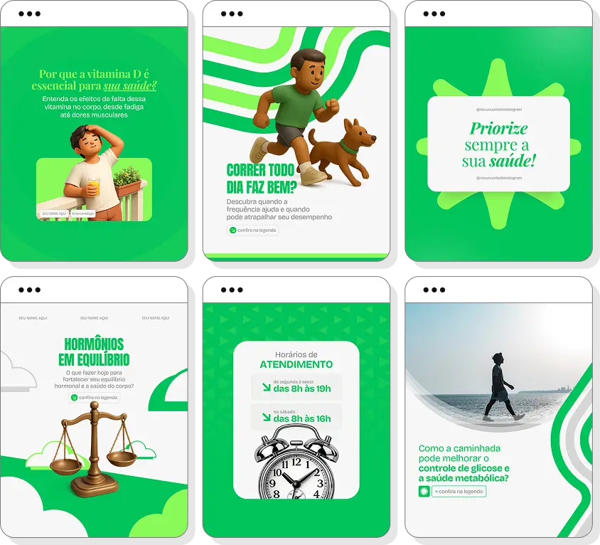Pack Canva endocrinologia com ideias de posts para perfil de Instagram sobre hormônios e saúde