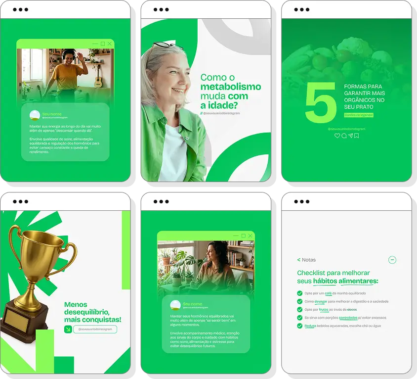 Pack Canva endocrinologia com posts editáveis para Instagram de equilíbrio hormonal e saúde metabólica