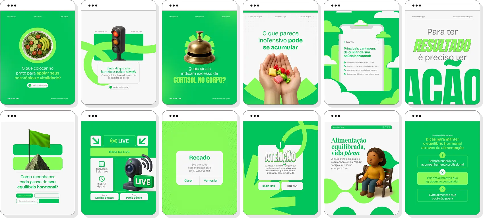 Pack de posts para endocrinologia com ideias de conteúdo para Instagram de metabolismo saudável