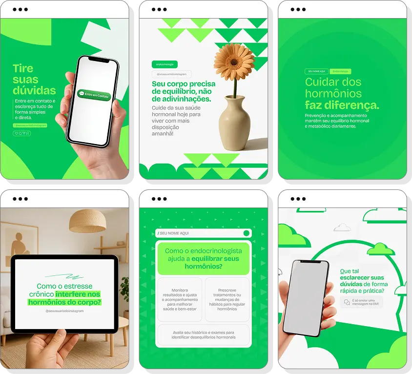 Posts para perfil de endocrinologia no Instagram com templates Canva sobre saúde hormonal