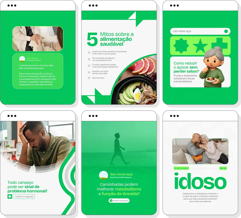Pack de posts para Instagram endocrinologia com artes editáveis sobre hormônios e metabolismo