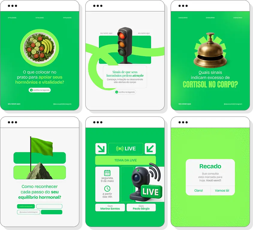 Pack de posts editáveis endocrinologia com Instagram de hormônios e saúde metabólica