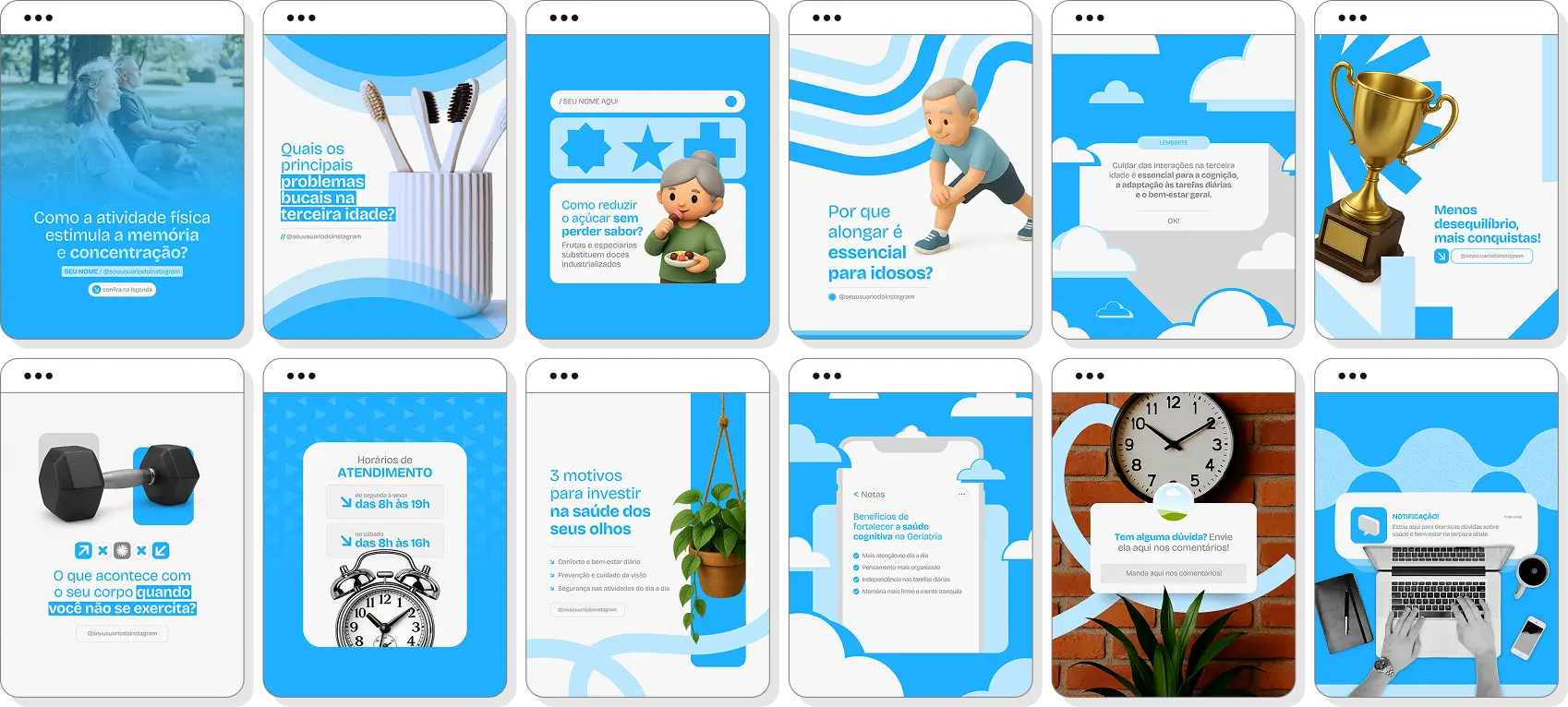Pack de posts para geriatria com ideias de conteúdo para Instagram de longevidade e saúde