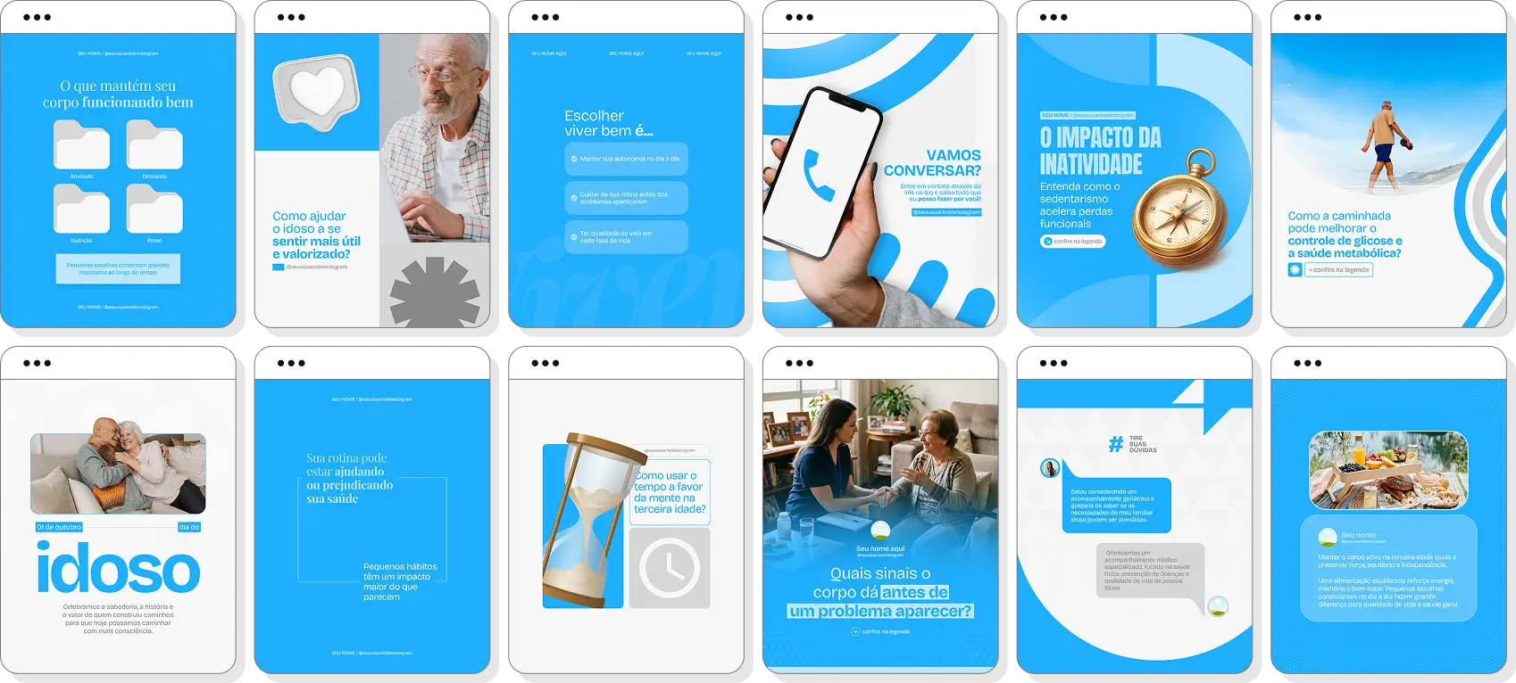 Pack de posts editáveis para Instagram geriatria com foco em bem-estar e saúde do idoso