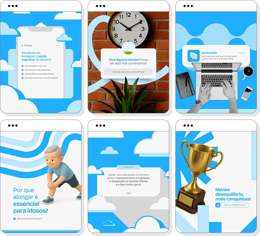 Pack Canva geriatria com posts para Instagram de longevidade e saúde na terceira idade