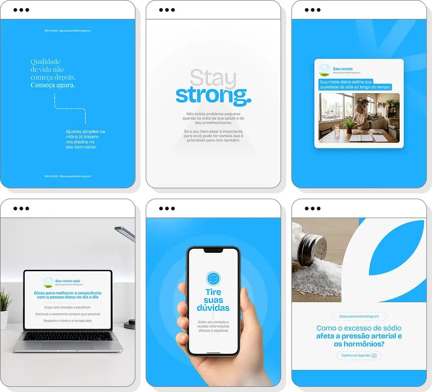Pack de posts para Instagram geriatria com artes editáveis sobre saúde e envelhecimento saudável