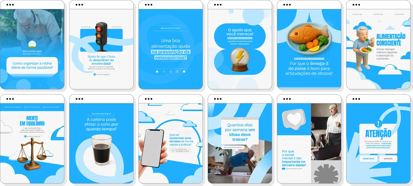 Pack Canva geriatria com conteúdos editáveis para social media de envelhecimento saudável