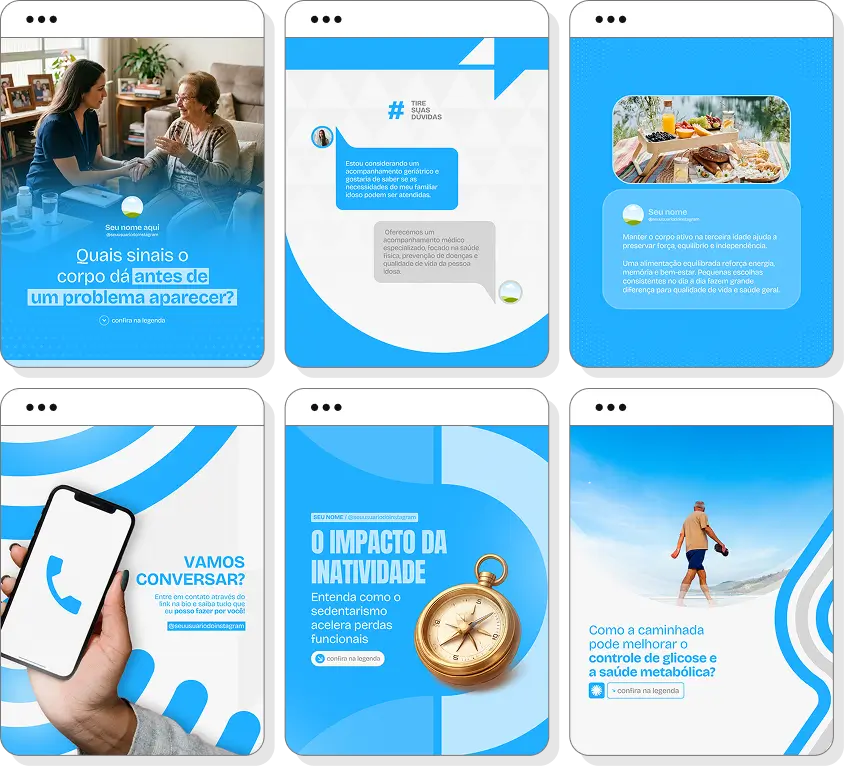 Ideias de post para geriatria com pack de conteúdo para Instagram sobre envelhecimento saudável