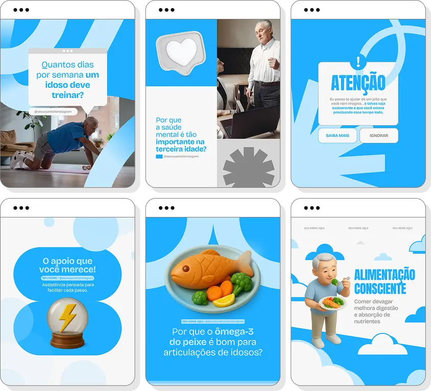 Pack de posts editáveis geriatria com Instagram de saúde do idoso e qualidade de vida