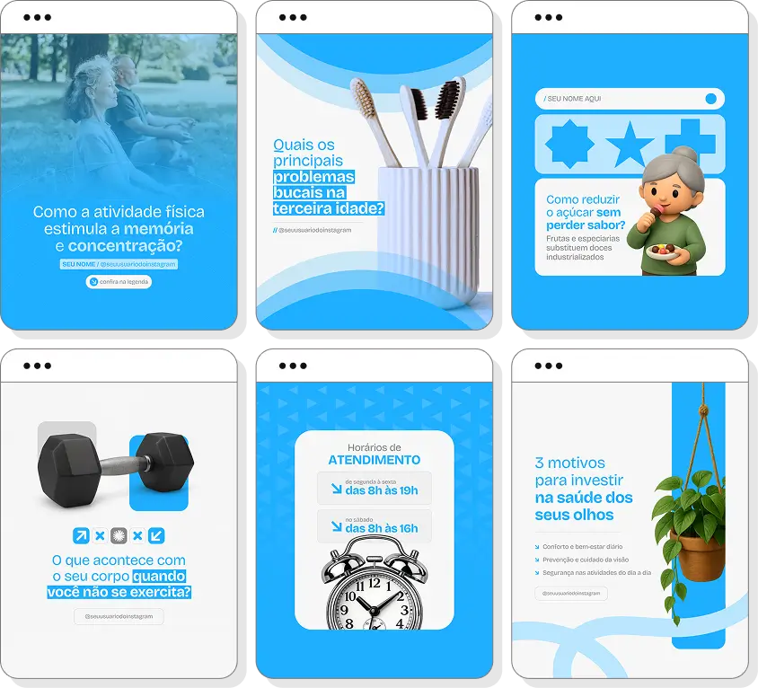 Pack de geriatria com conteúdos editáveis para Instagram de envelhecimento ativo e saudável