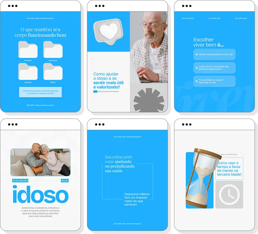 Posts para Instagram geriatria com pack de templates Canva para geriatras e clínicas