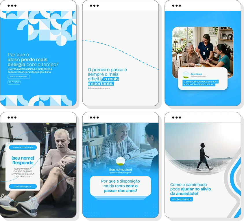 Social media para geriatria com pack de posts editáveis no Canva para Instagram profissional