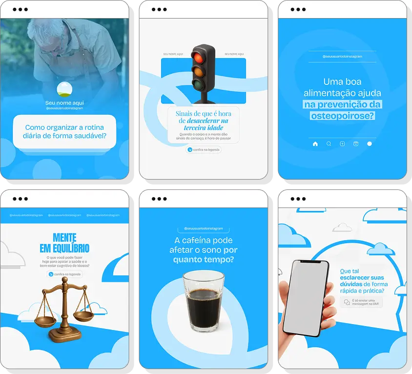 Pack Canva geriatria com posts para Instagram de autonomia e bem-estar na terceira idade