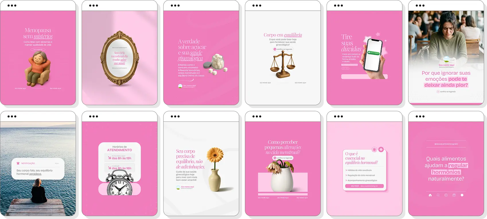 Pack Canva ginecologista com ideias de posts para perfil de Instagram sobre saúde da mulher