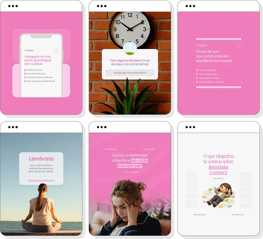 Posts para perfil de ginecologista no Instagram com templates Canva sobre ginecologia e prevenção