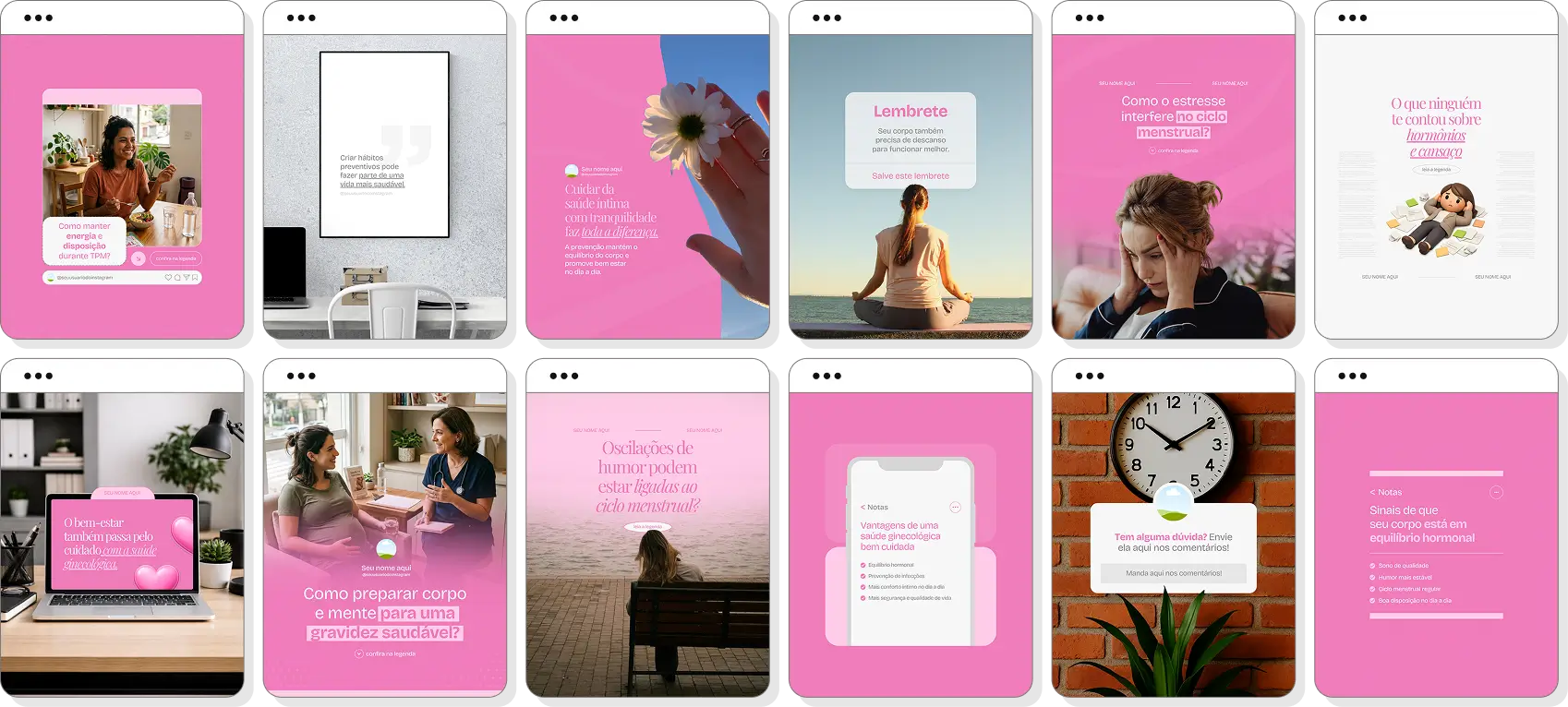 Social media ginecologista com pack de posts para Instagram de saúde feminina e ginecologia