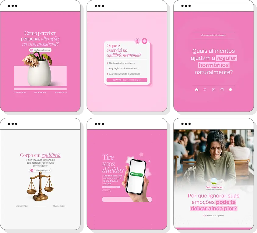 Pack Canva ginecologista com posts para Instagram de exames ginecológicos e saúde feminina