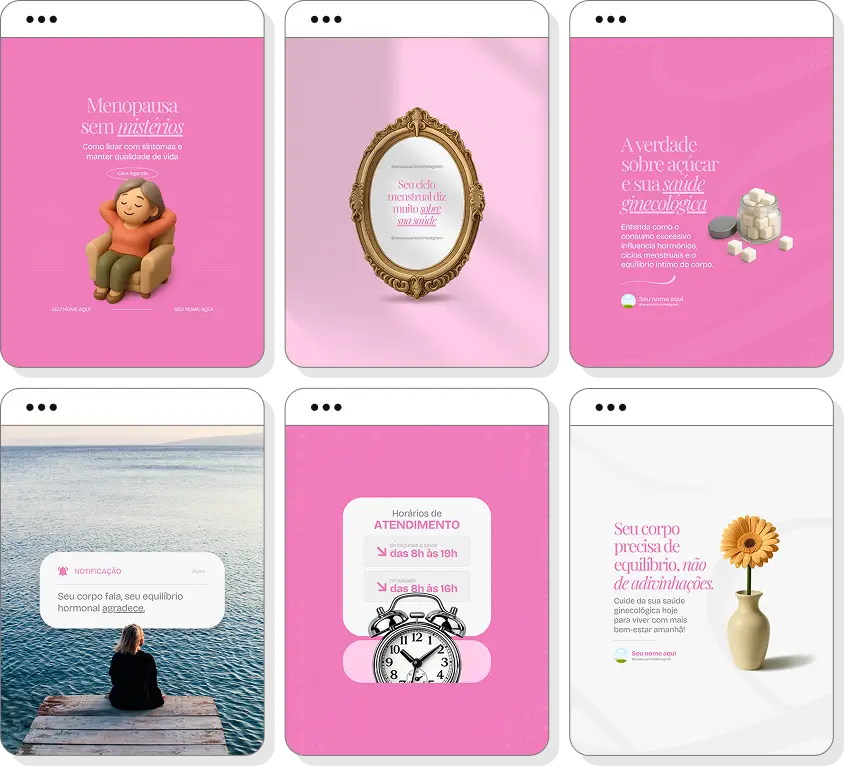 Pack de posts para Instagram ginecologista com artes editáveis sobre saúde íntima feminina