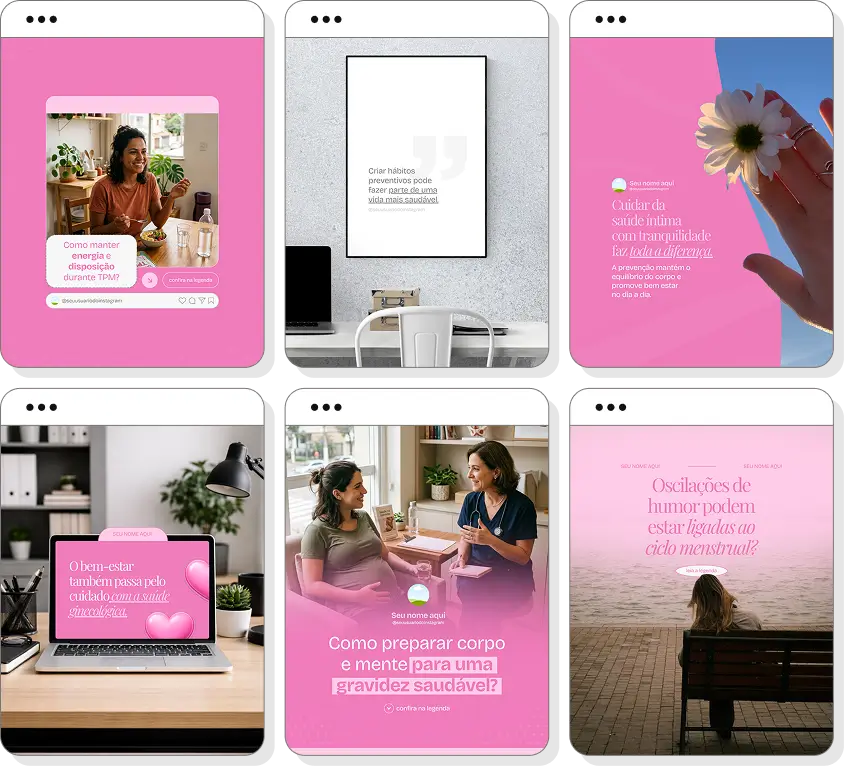 Pack de ginecologista com conteúdos editáveis para Instagram de prevenção e saúde feminina